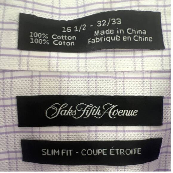 SAKS FIFTH AVENUE Dress Shirt White Purple Checkered Size 16.5 32/33 - Picture 3 of 3
